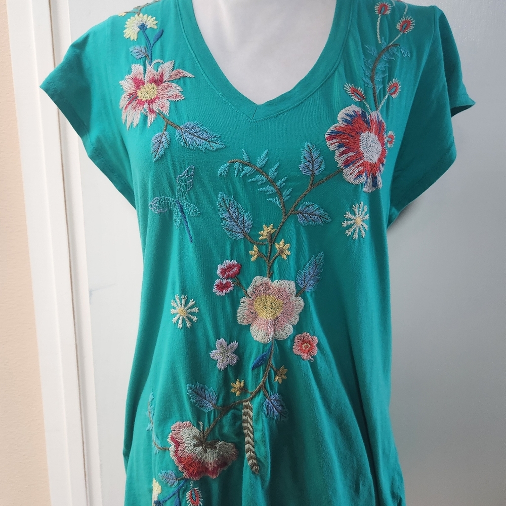 Vibrant Teal Floral Embroidered Top